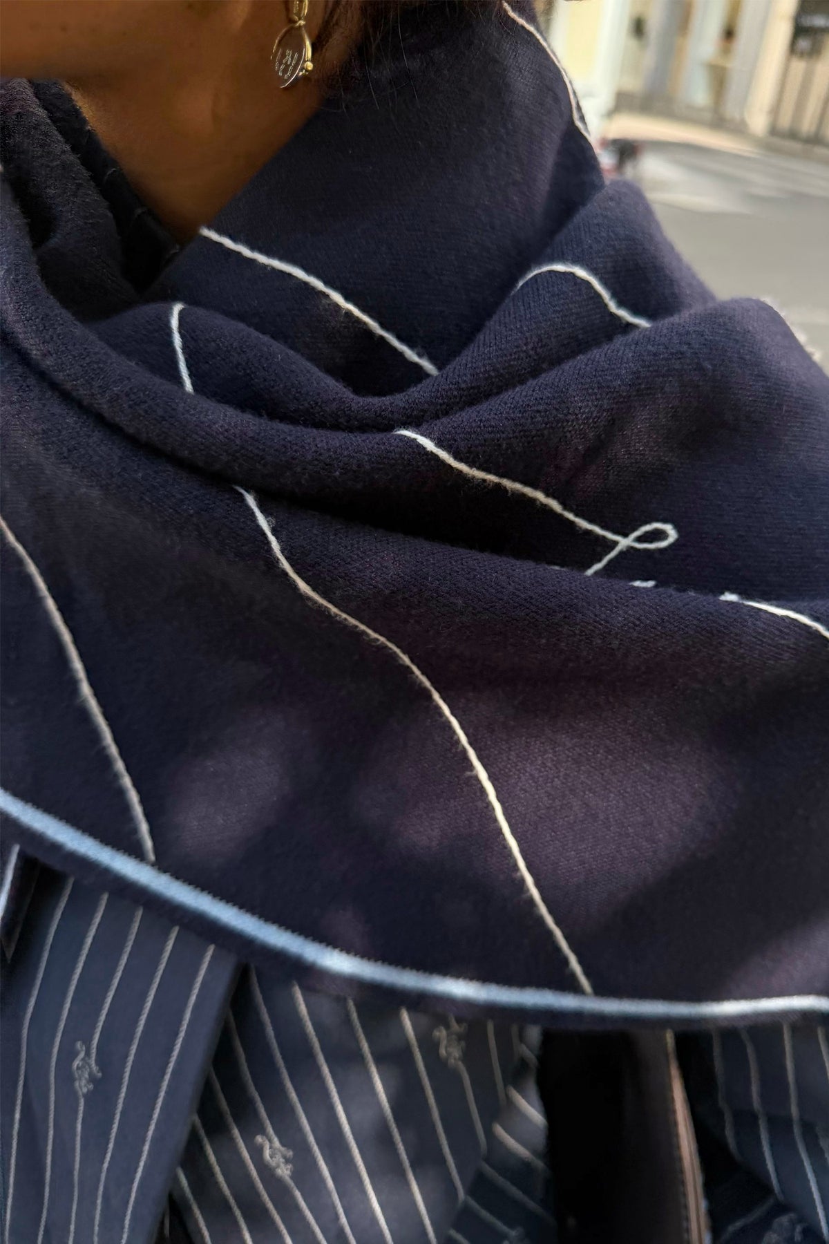Never Fully Dressed Navy Pinstripe Large Knit Scarf