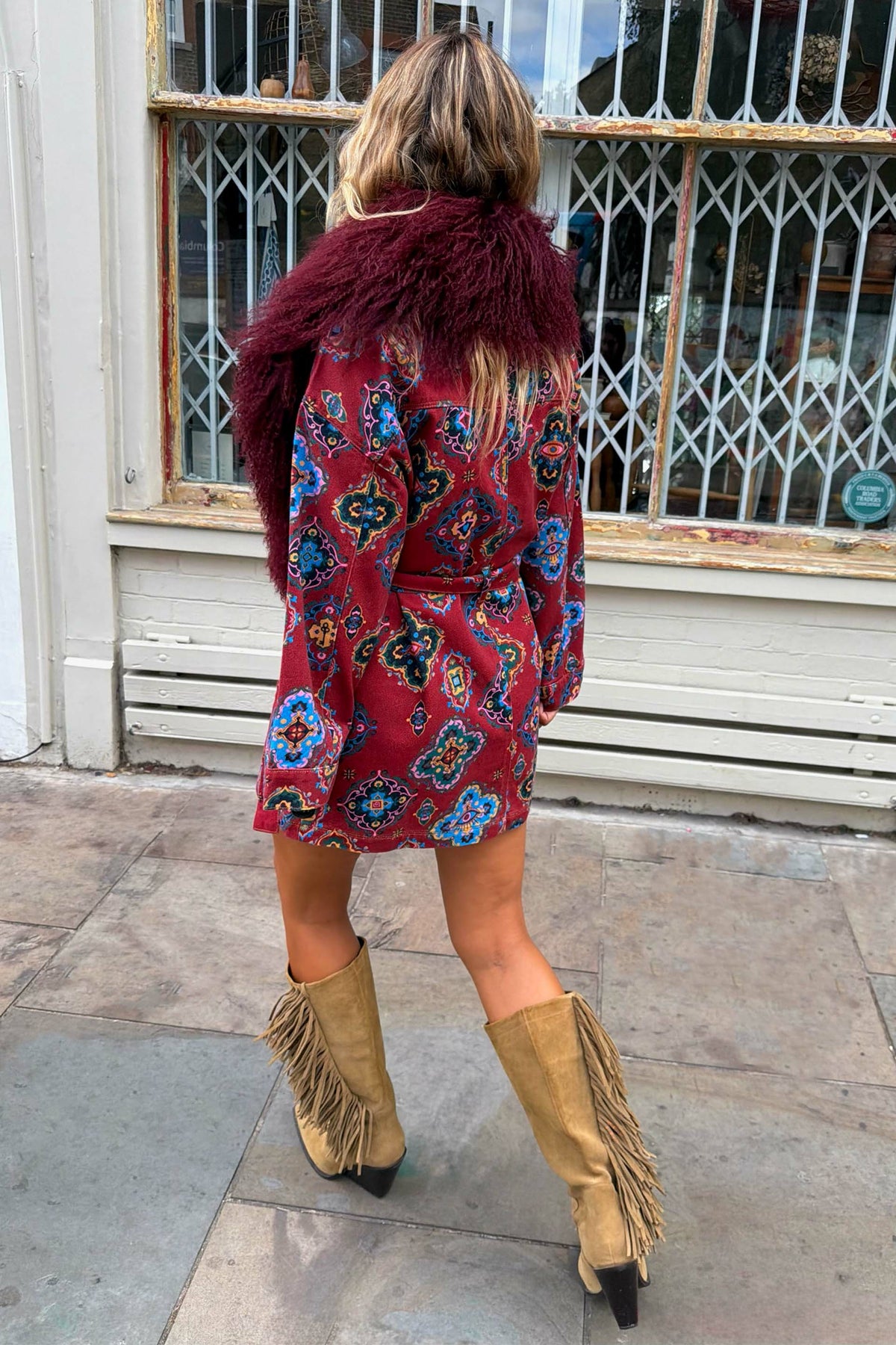 Never Fully Dressed Red Tile Print Denim Shacket