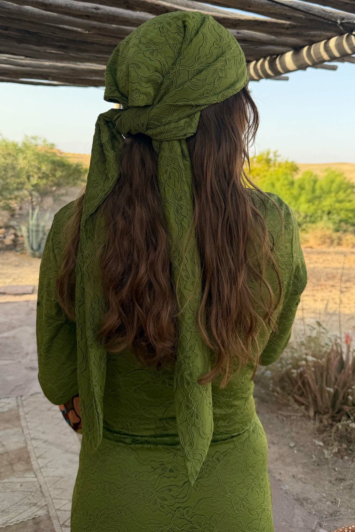 Never Fully Dressed Green Lace Tie Dress with Head Scarf