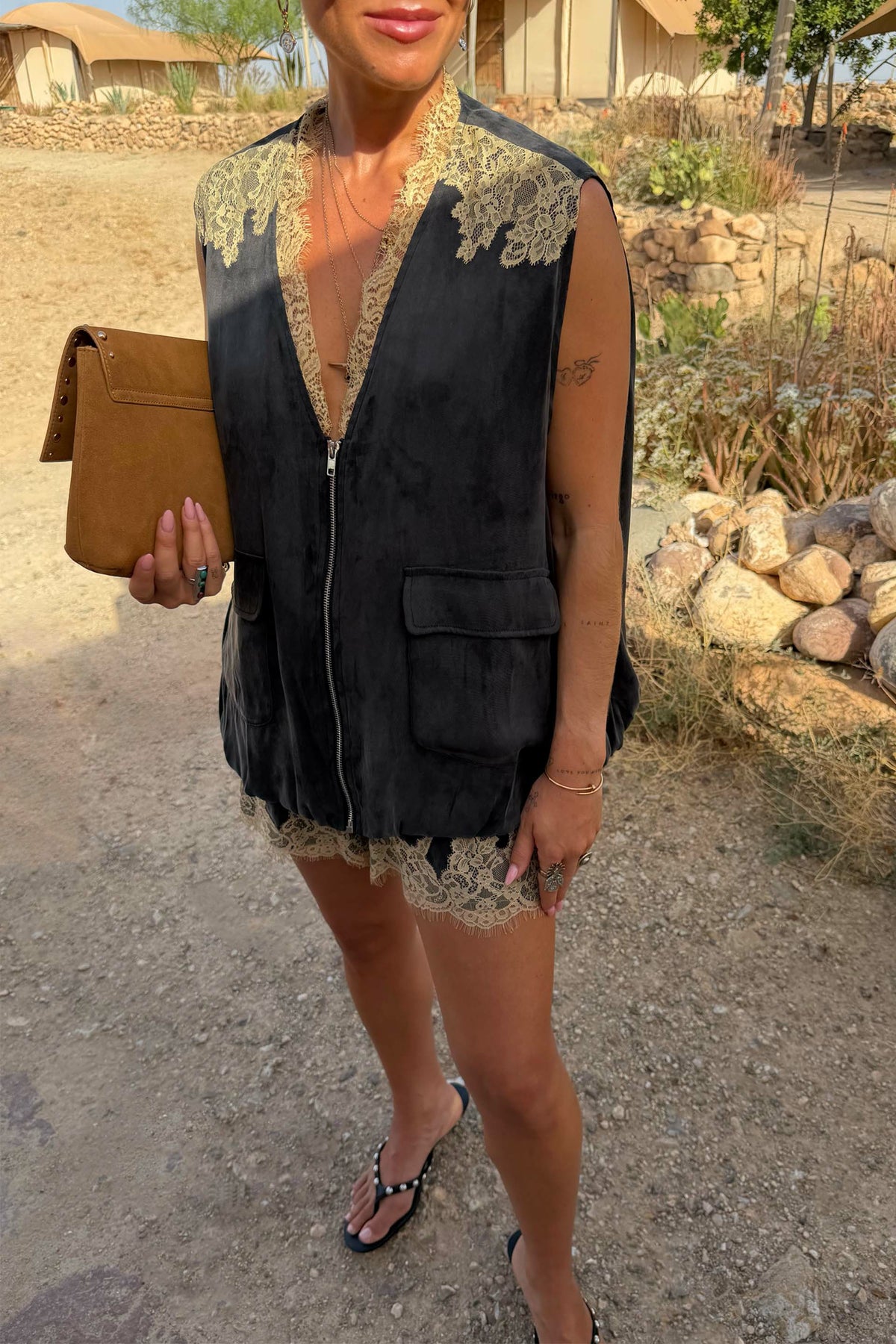 Never Fully Dressed Grey Lace Bubble Zip Vest