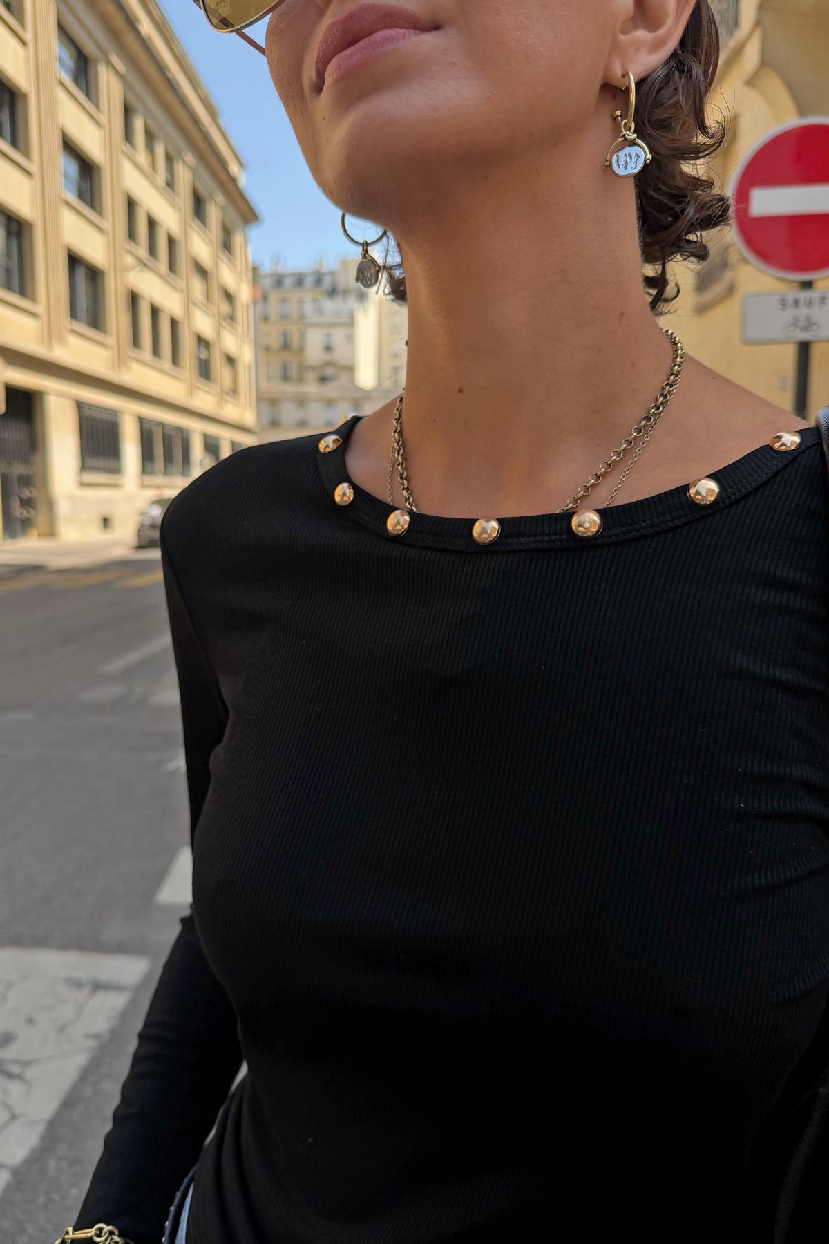 Never Fully Dressed Black Stud Long Sleeve Rib Top