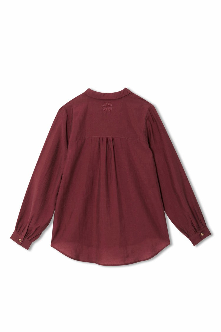 Never Fully Dressed Burgundy Ruffle Miley Shirt