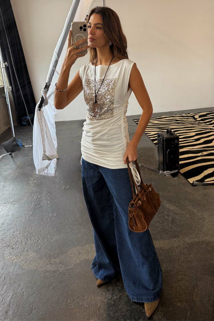 Never Fully Dressed White Sequin Ruched Dress