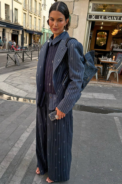 Never Fully Dressed Navy Pinstripe Fold Over Blazer