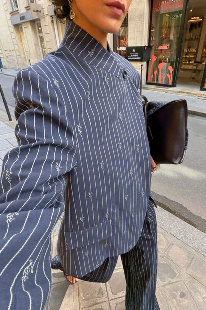 Never Fully Dressed Navy Pinstripe Fold Over Blazer