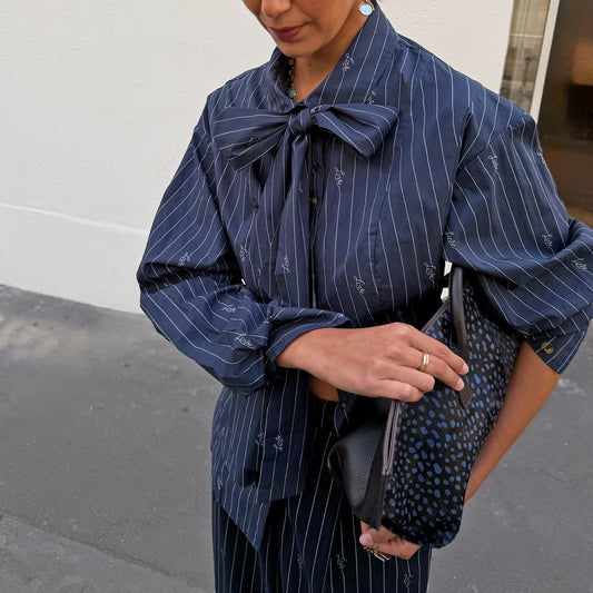 Never Fully Dressed Navy Stripe Bow Shirt
