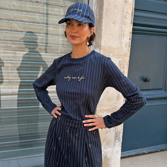 Never Fully Dressed Navy Pinstripe Baby T-Shirt with Gold Embroidery