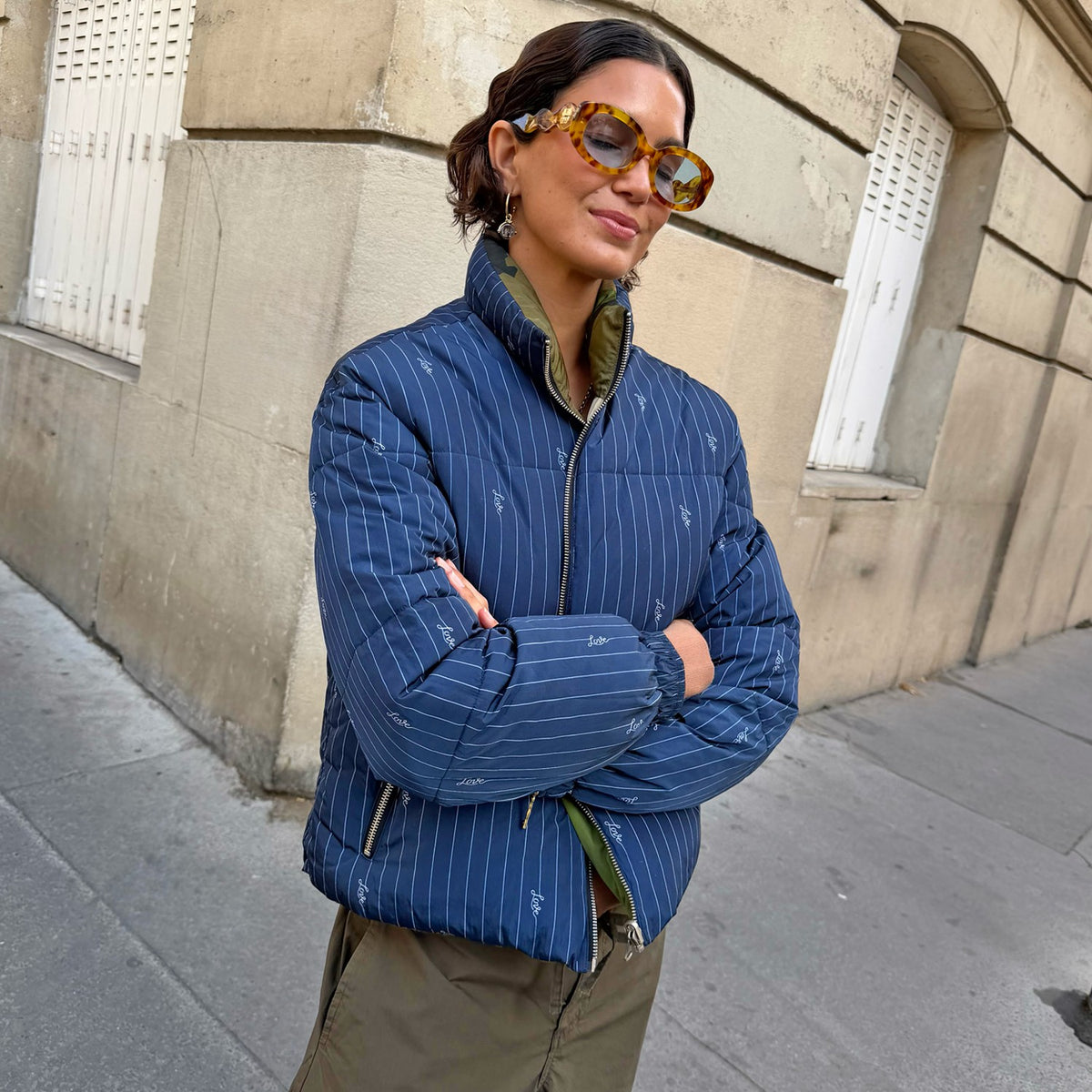 Never Fully Dressed Navy Pinstripe Reversible Funnel Neck Puffer