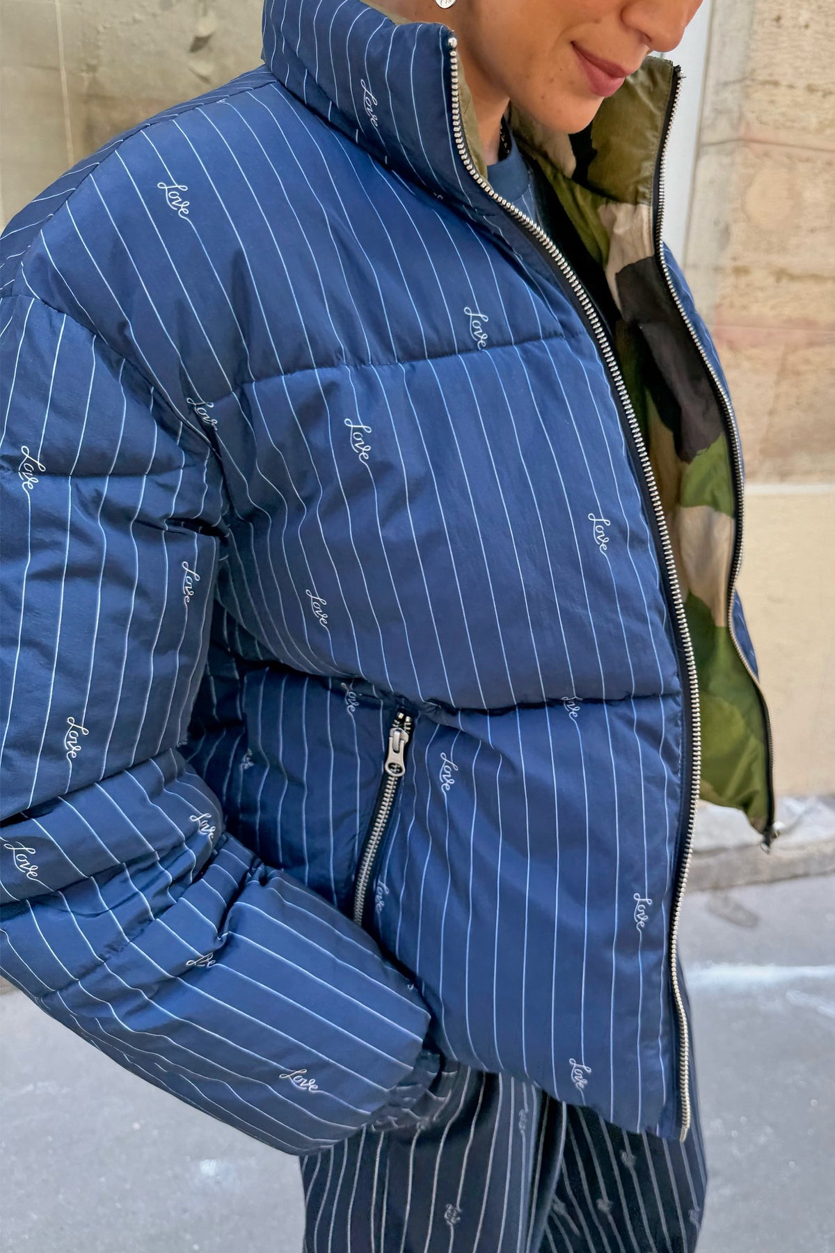 Never Fully Dressed Navy Pinstripe Reversible Funnel Neck Puffer