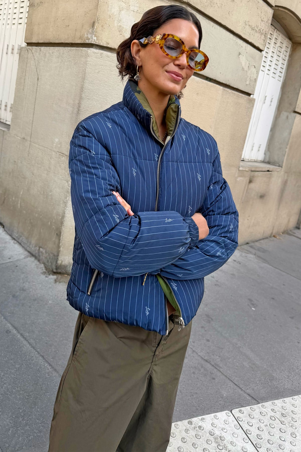 Never Fully Dressed Navy Pinstripe Reversible Funnel Neck Puffer