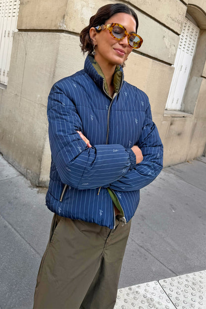 Never Fully Dressed Navy Pinstripe Reversible Funnel Neck Puffer