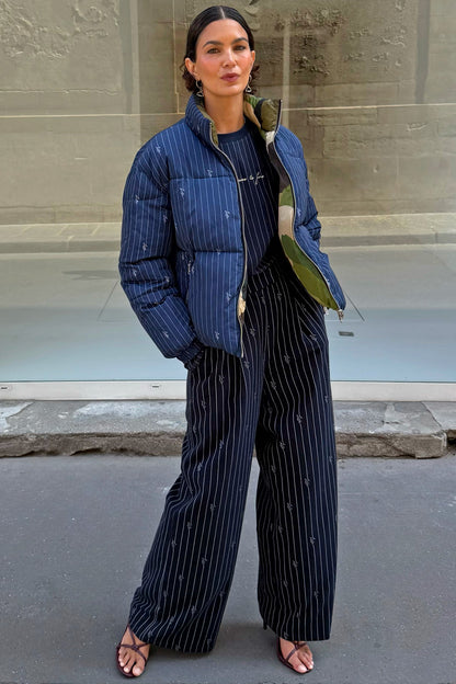 Never Fully Dressed Navy Pinstripe Reversible Funnel Neck Puffer