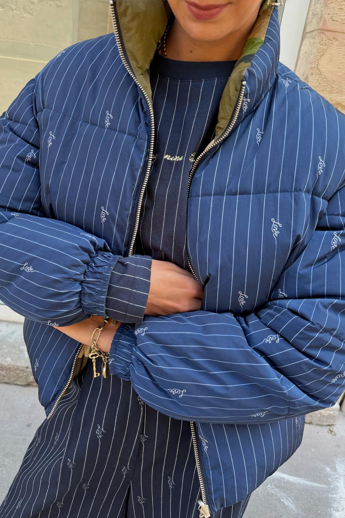 Never Fully Dressed Navy Pinstripe Reversible Funnel Neck Puffer