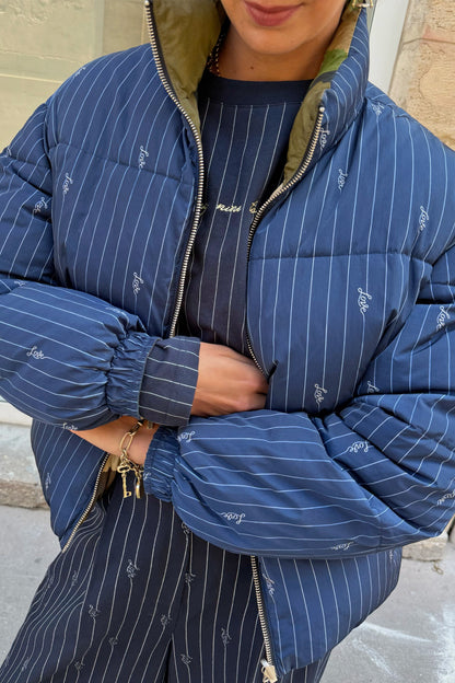 Never Fully Dressed Navy Pinstripe Reversible Funnel Neck Puffer