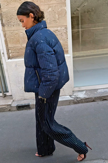 Never Fully Dressed Navy Pinstripe Reversible Funnel Neck Puffer