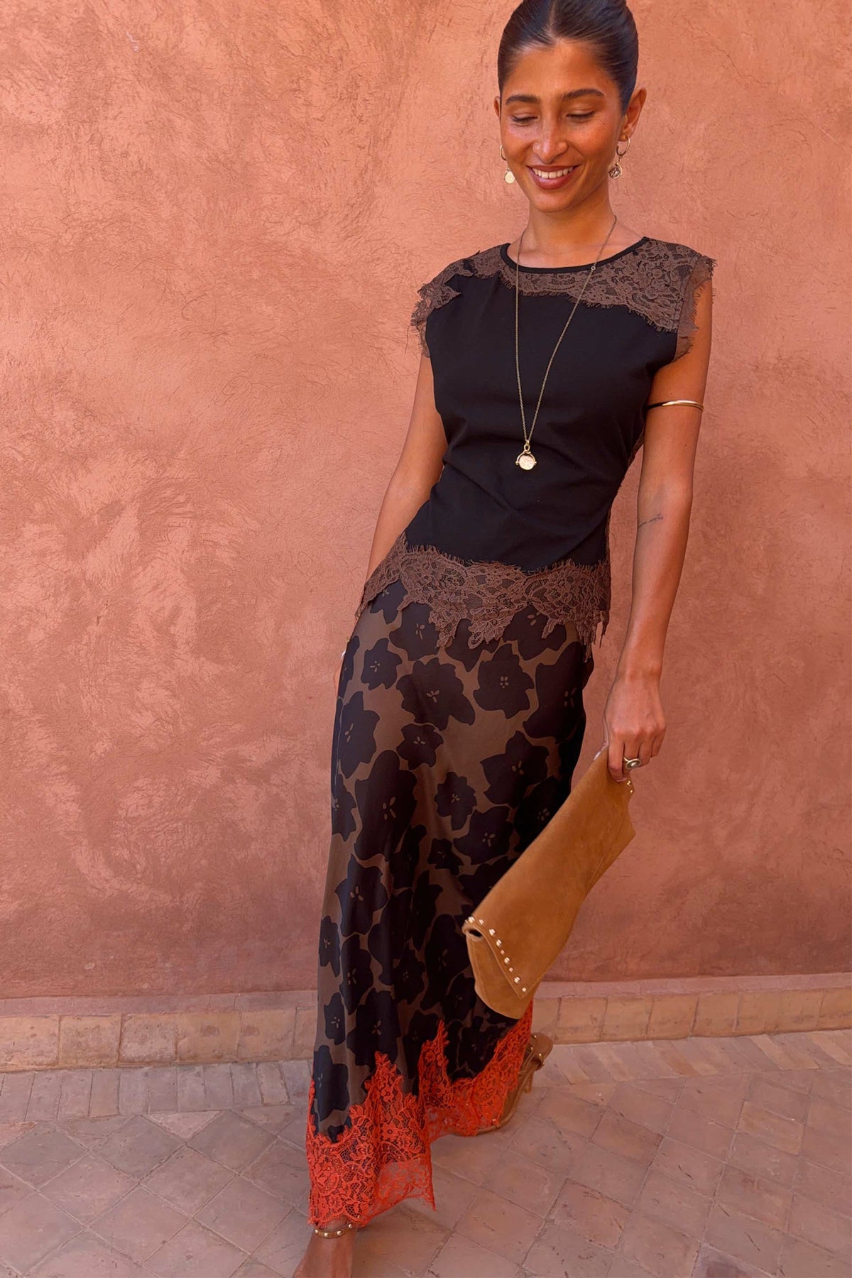 Never Fully Dressed Tan Jaden Floral Maeva Midi Skirt