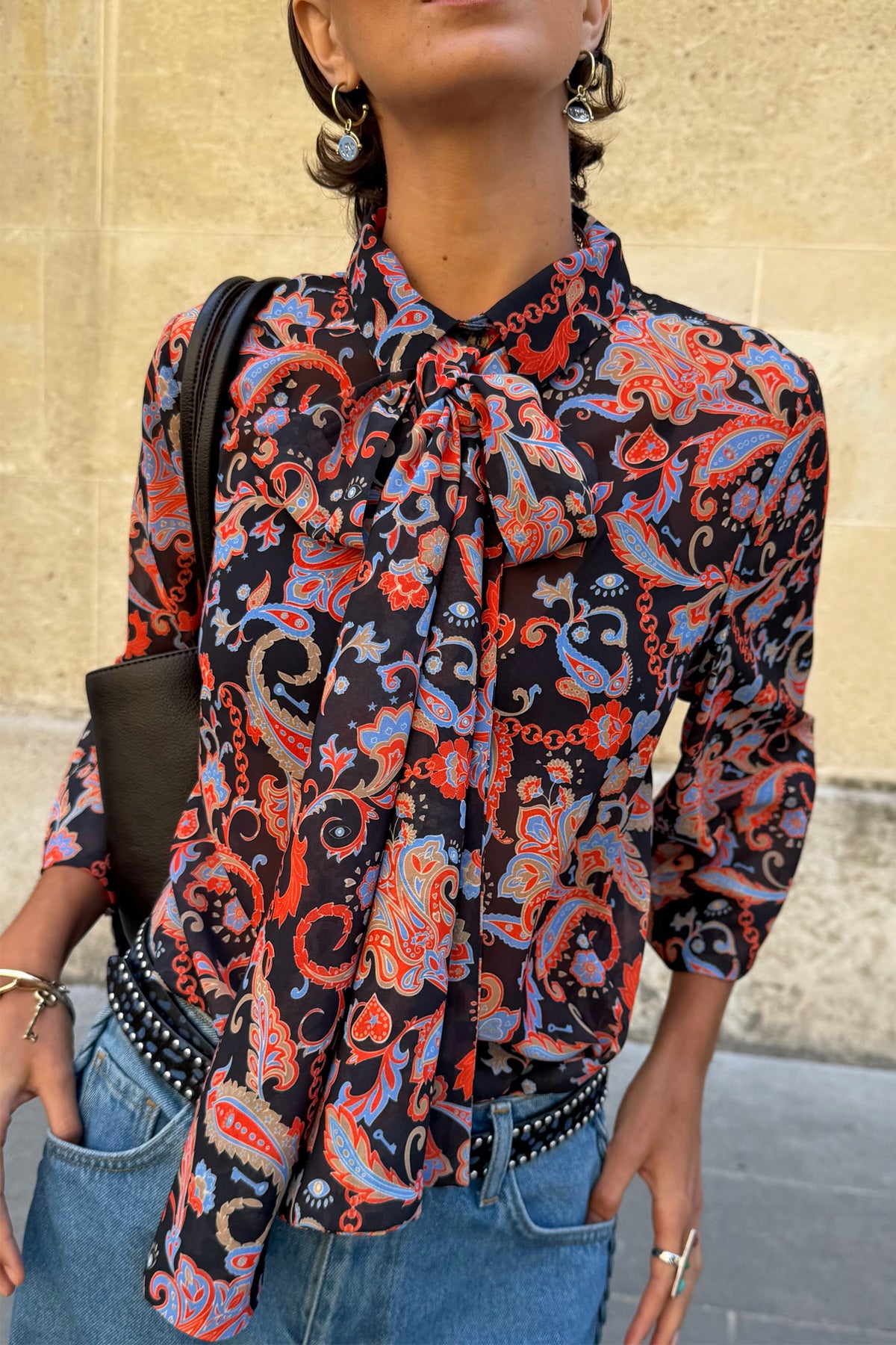 Never Fully Dressed Black Paisley Pussy Bow Shirt