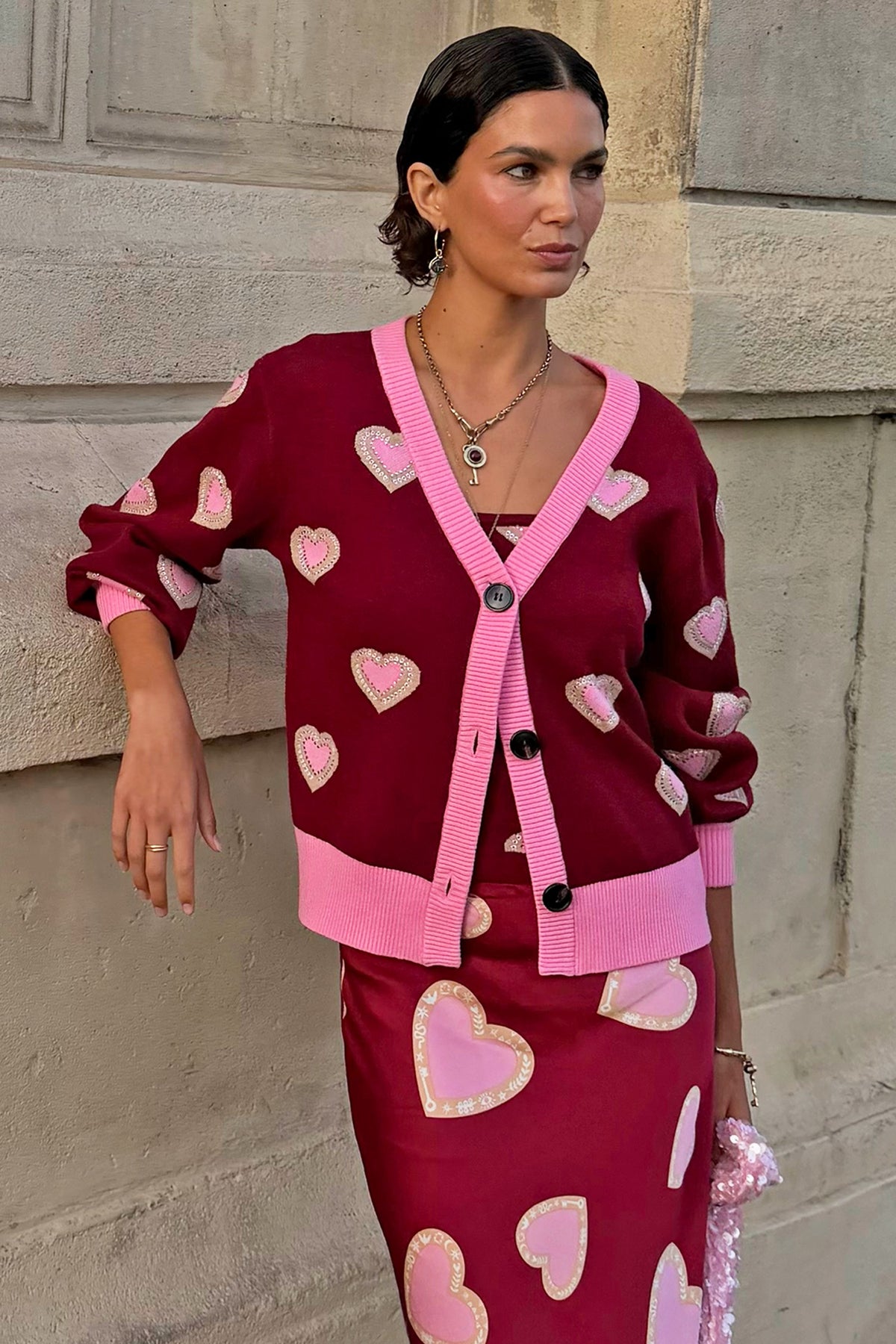 Never Fully Dressed Burgundy Hearts Cardigan