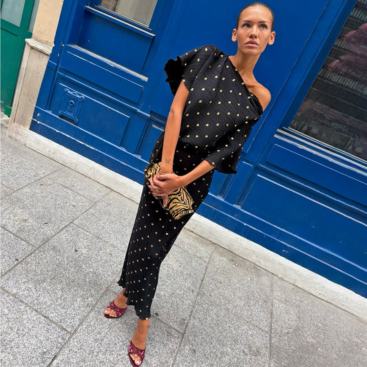 Never Fully Dressed Black Tilly Gold Fleck Plissé Dress