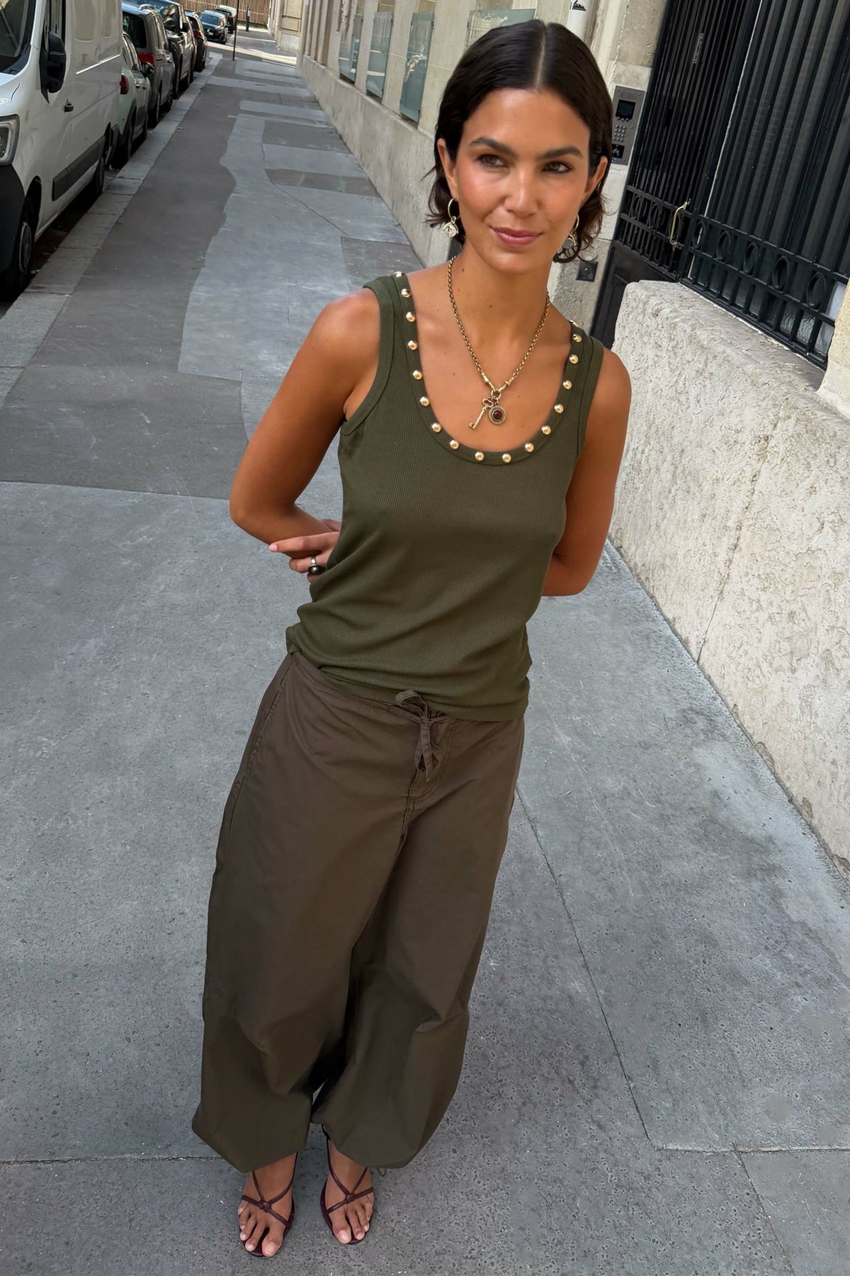 Never Fully Dressed Khaki Studded Tank