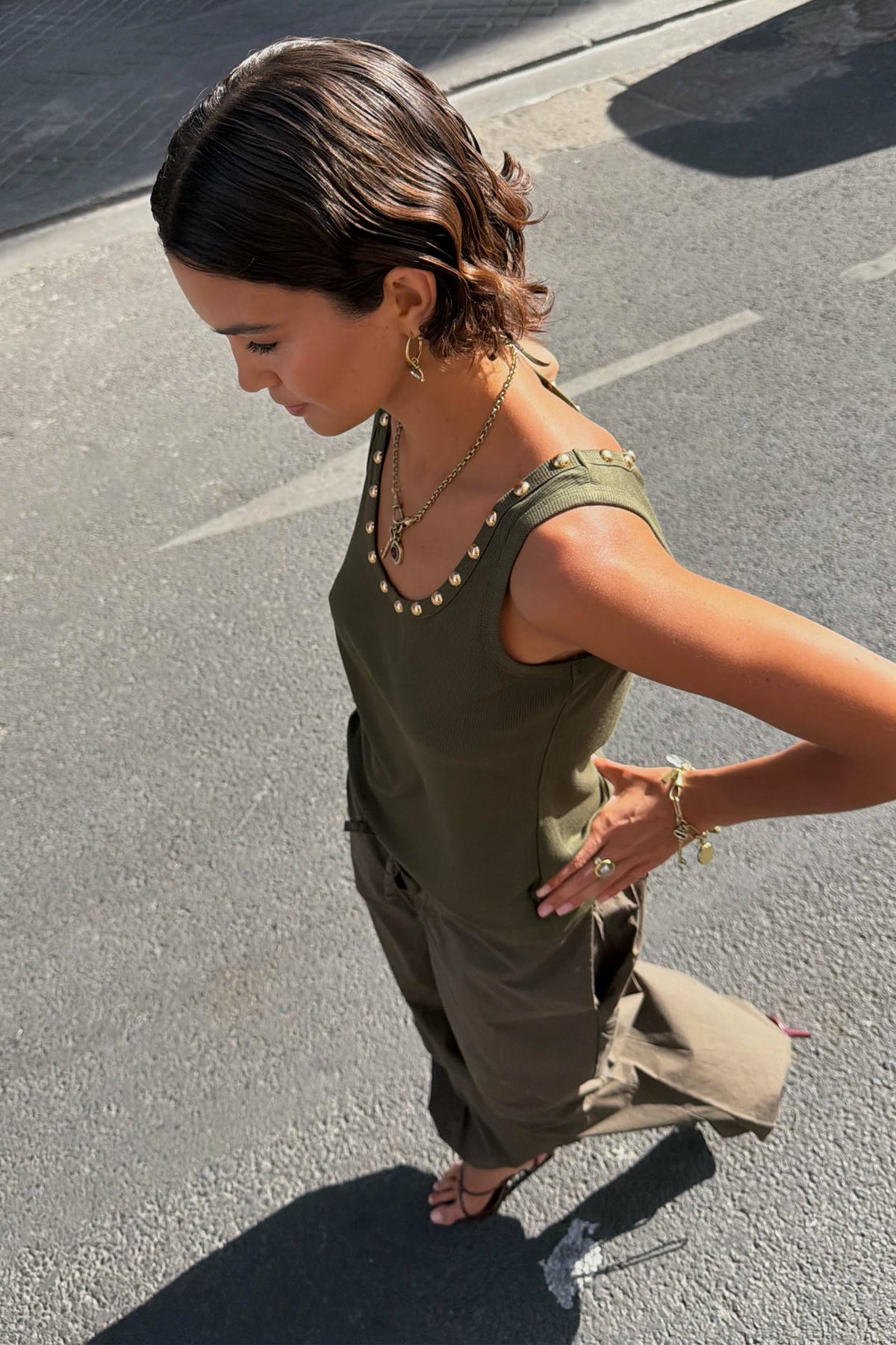 Never Fully Dressed Khaki Studded Tank