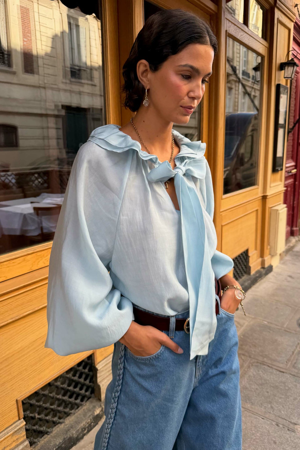 Never Fully Dressed Ice Blue Ruffle Shirt