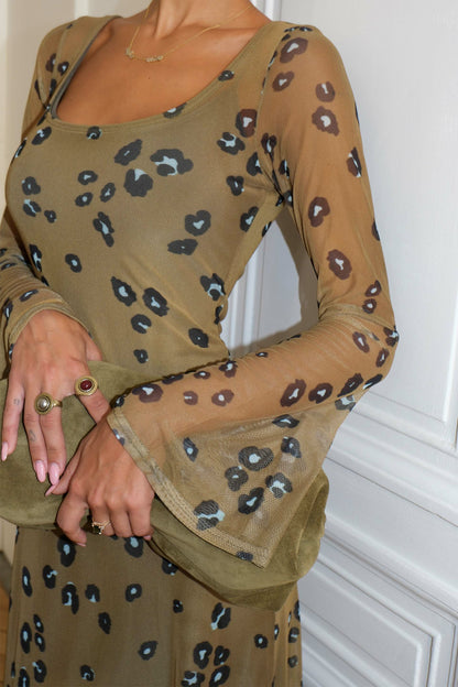 Never Fully Dressed Olive Blurred Leopard Mesh Dress