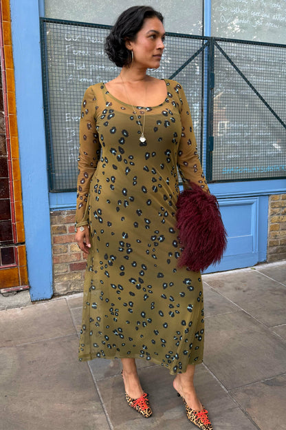 Never Fully Dressed Olive Blurred Leopard Mesh Dress