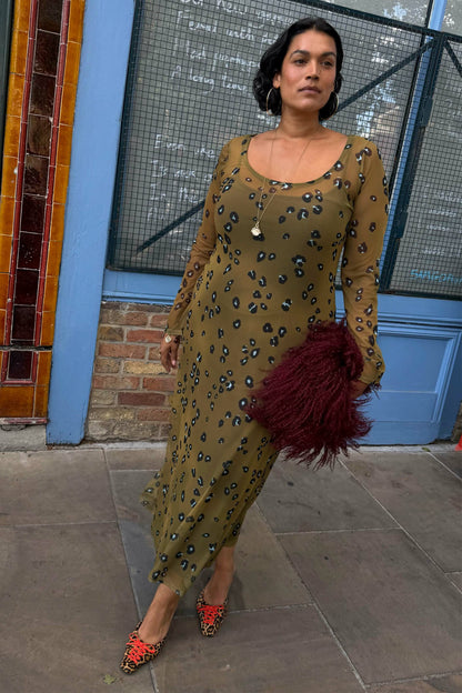 Never Fully Dressed Olive Blurred Leopard Mesh Dress