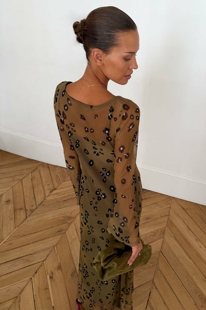 Never Fully Dressed Olive Blurred Leopard Mesh Dress