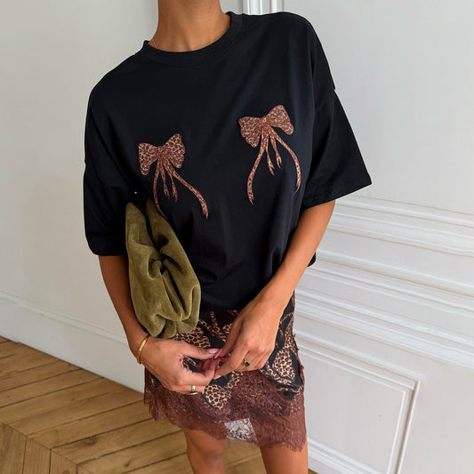 Never Fully Dressed Black Leopard Bow T-Shirt