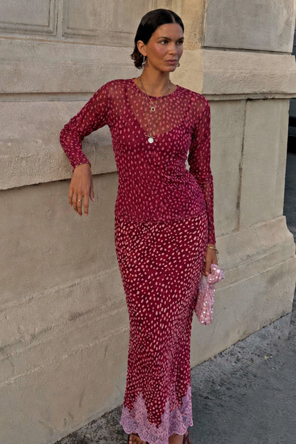 Never Fully Dressed Burgundy Deer Print Mesh Top