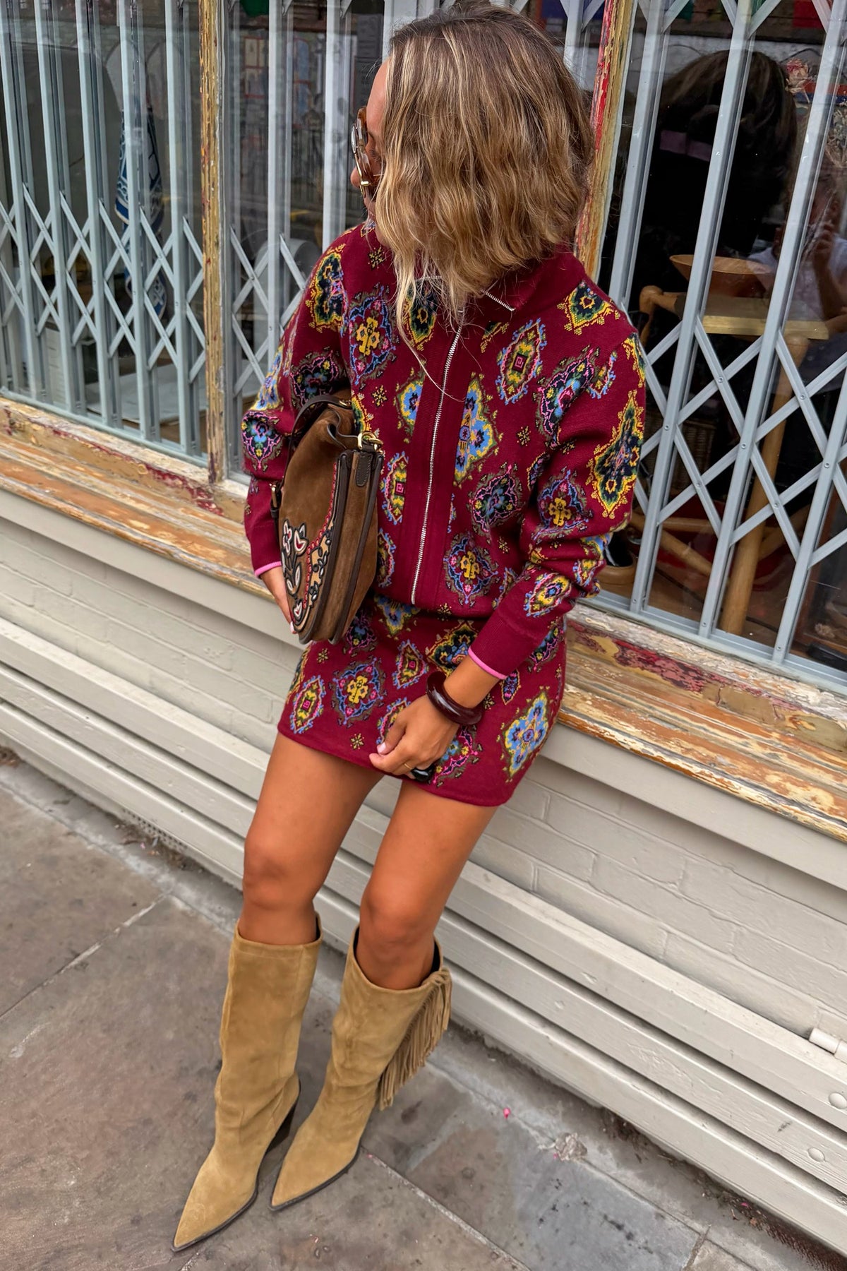 Never Fully Dressed Red Tile Print Zip-Up Cardigan