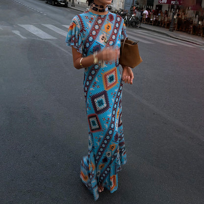 Never Fully Dressed Blue Multi Print Mesh Dress