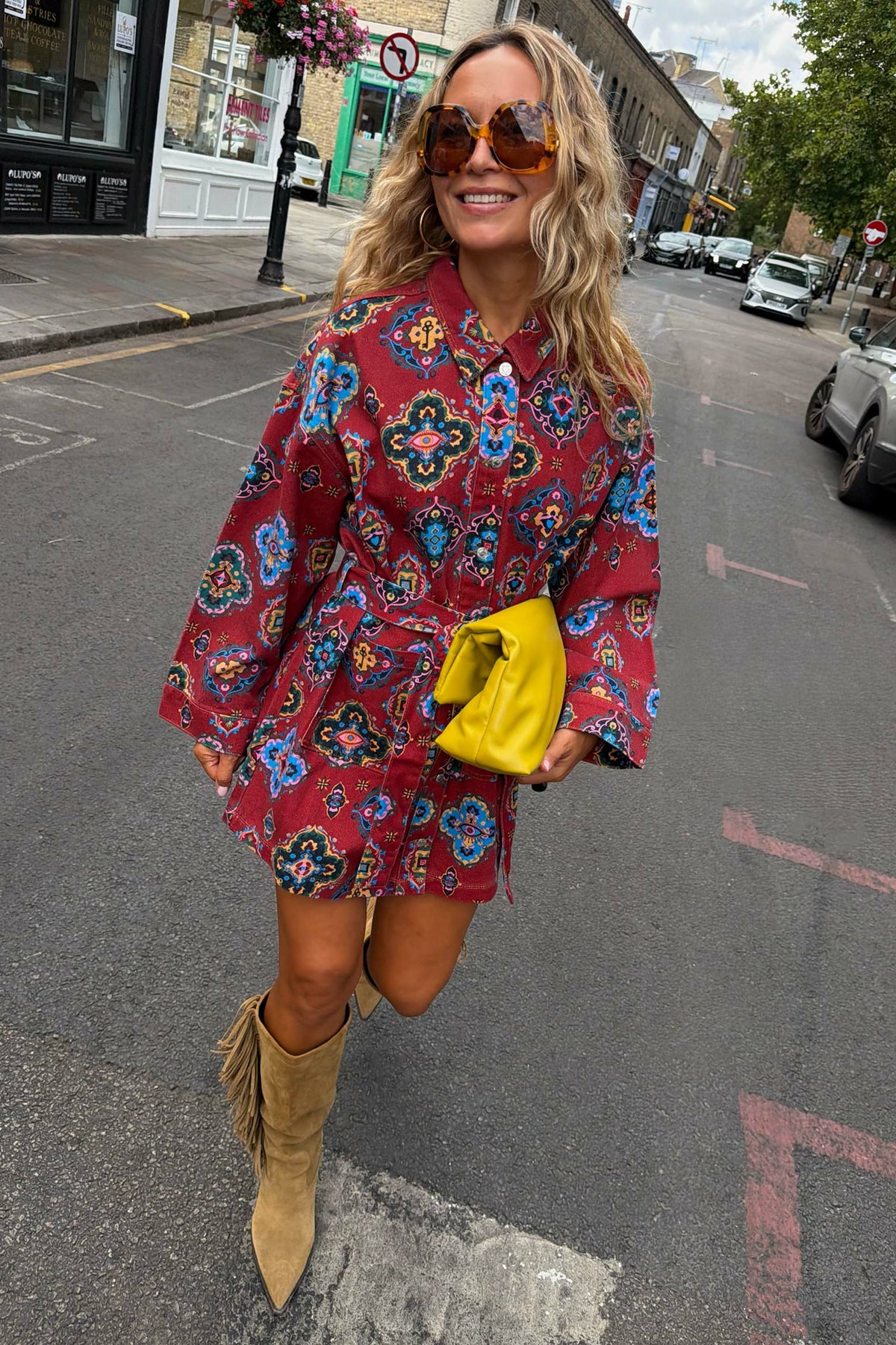 Never Fully Dressed Red Tile Print Denim Shacket