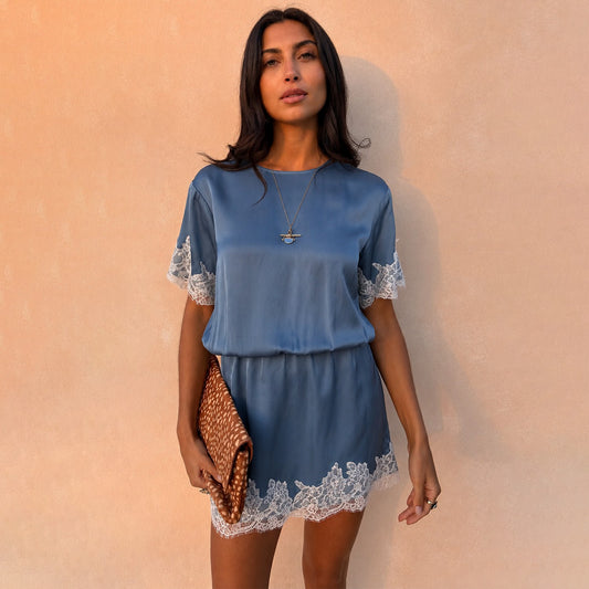Never Fully Dressed Blue Lace Mini Dress