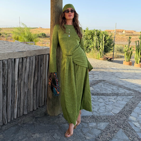 Never Fully Dressed Green Lace Tie Dress with Head Scarf
