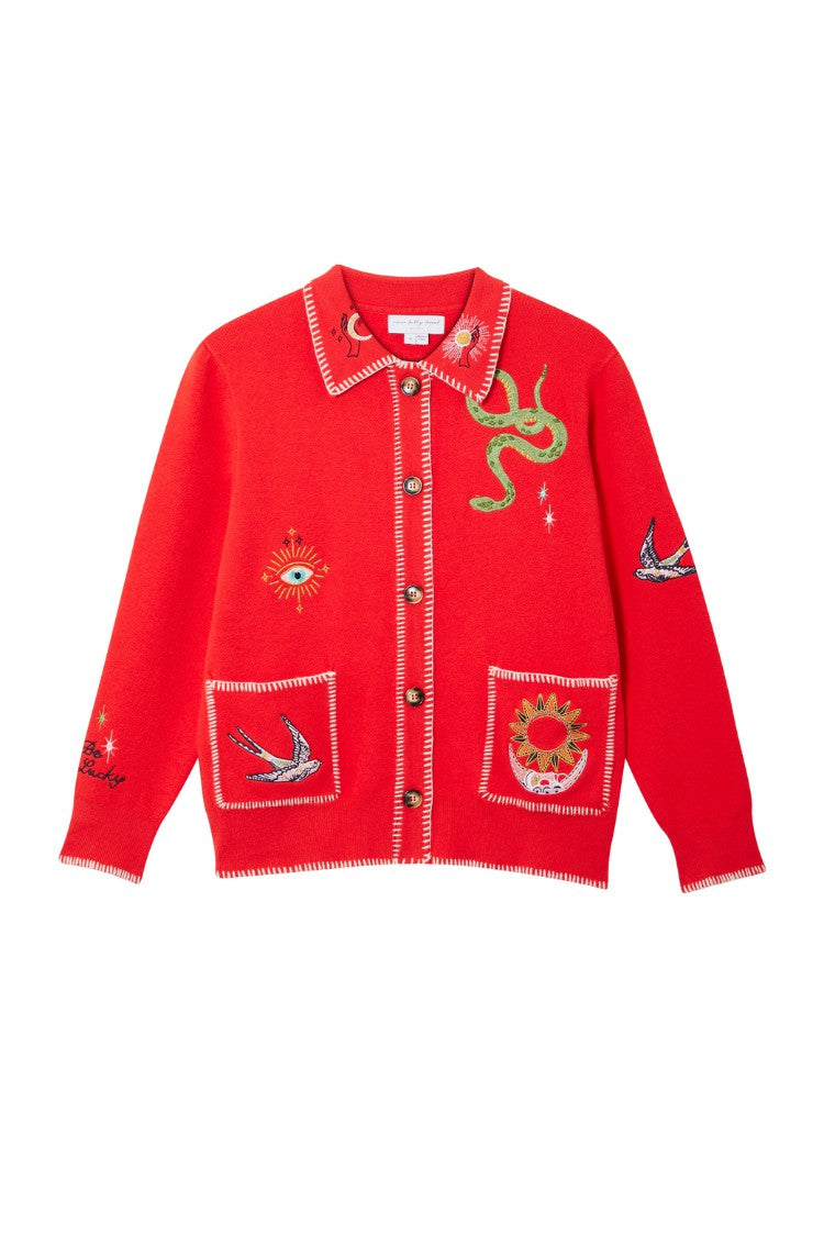 Never Fully Dressed Red Mystical Cardigan with Collar