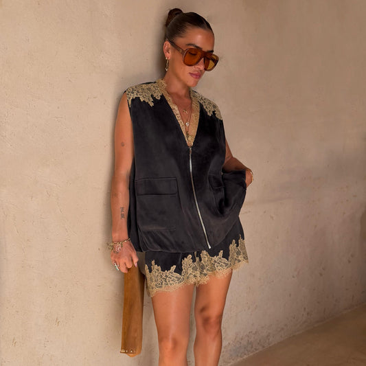 Never Fully Dressed Grey Lace Bubble Zip Vest