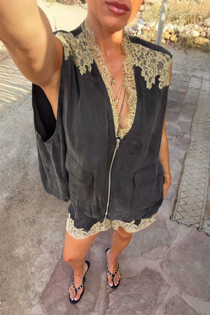 Never Fully Dressed Grey Lace Bubble Zip Vest