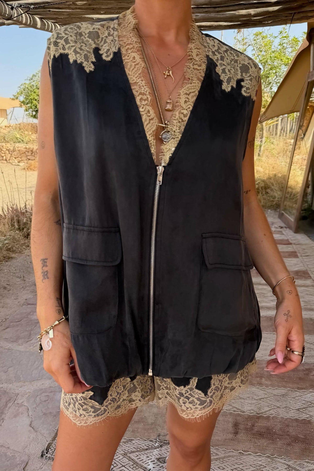 Never Fully Dressed Grey Lace Bubble Zip Vest