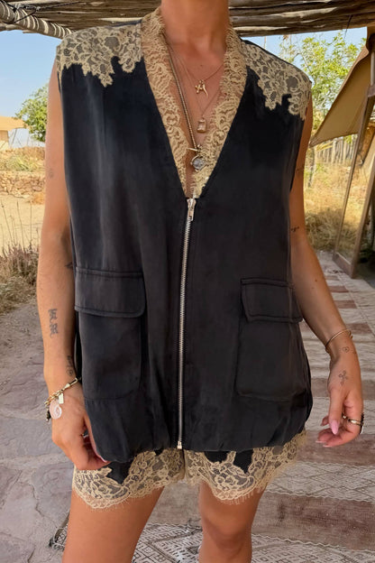 Never Fully Dressed Grey Lace Bubble Zip Vest