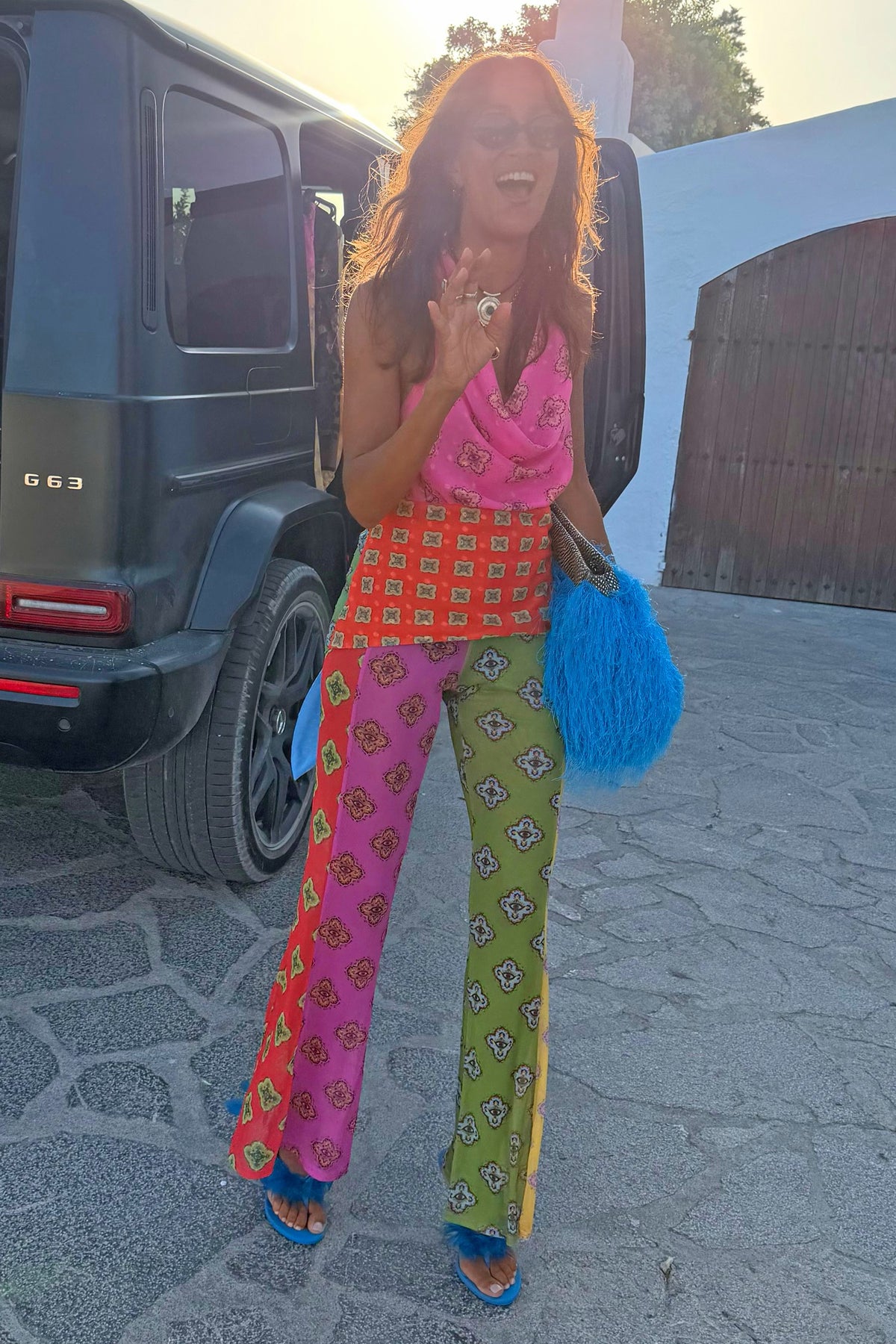 Never Fully Dressed Pink Mix Tile Mesh Flare Trousers