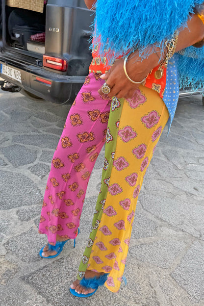 Never Fully Dressed Pink Mix Tile Mesh Flare Trousers
