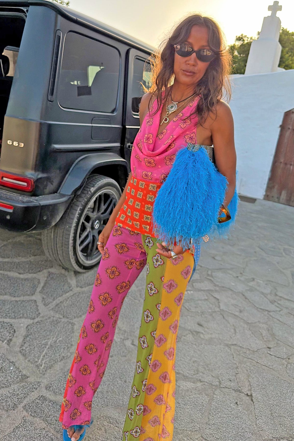 Never Fully Dressed Pink Mix Tile Mesh Flare Trousers