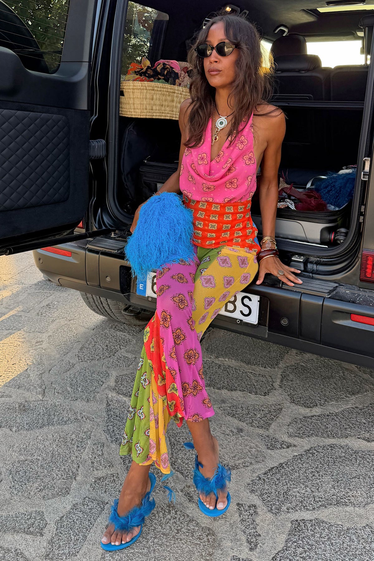 Never Fully Dressed Pink Mix Tile Mesh Flare Trousers