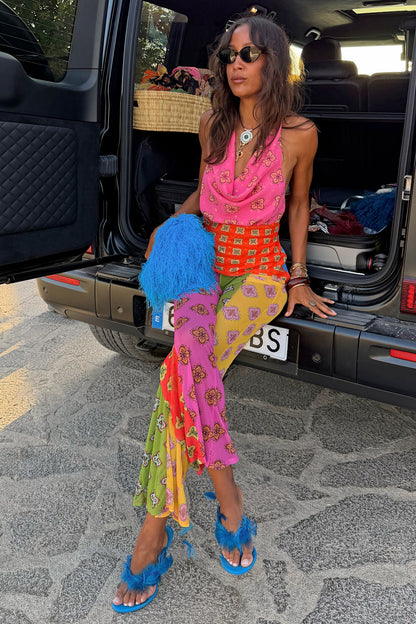 Never Fully Dressed Pink Mix Tile Mesh Flare Trousers