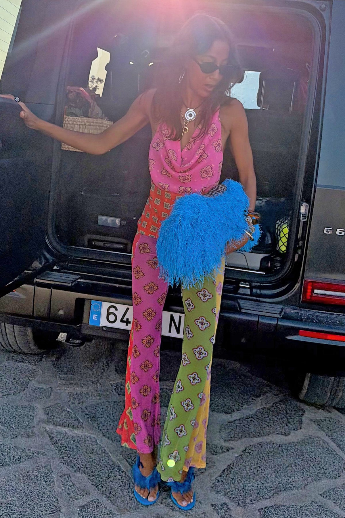 Never Fully Dressed Pink Mix Tile Mesh Flare Trousers