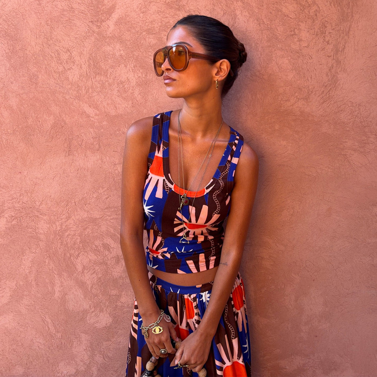 Never Fully Dressed Chocolate & Blue Sun Scoop Neck Tank