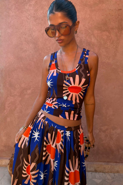 Never Fully Dressed Chocolate & Blue Sun Scoop Neck Tank